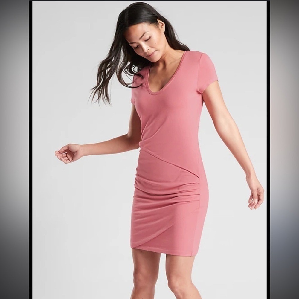 Athleta Santorini Ruched‎ Dress XS Pink Short Sleeve Faux Wrap Tulip Hem Casual - Picture 2 of 7